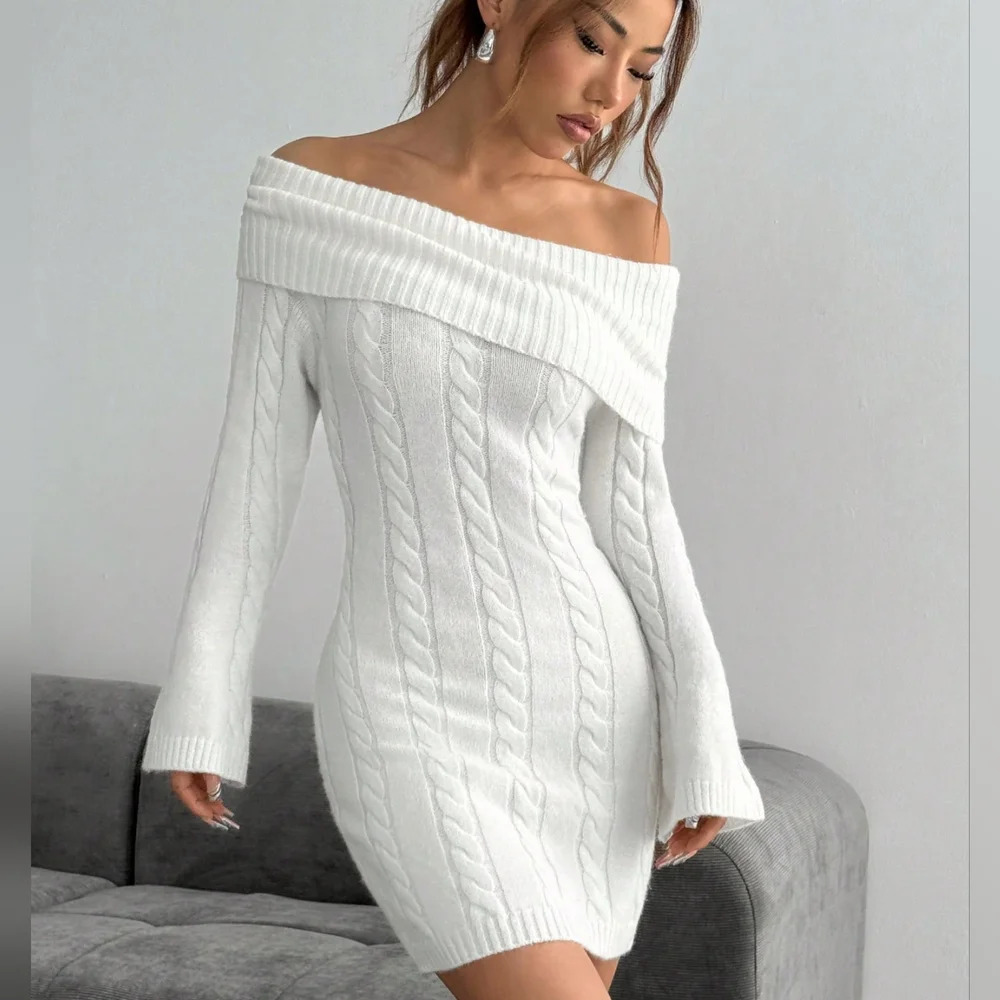 Elegant Long Sleeve Cable Knitted Bodycon Midi Dress - Picture 6 of 6